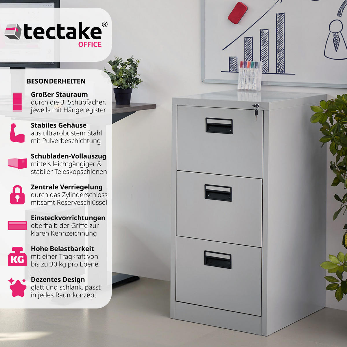 AKTENSCHRANK ,62,4 x 46 x 102,8 cm,grau - Grau, Metall (46/102.8/62.4cm) - tectake