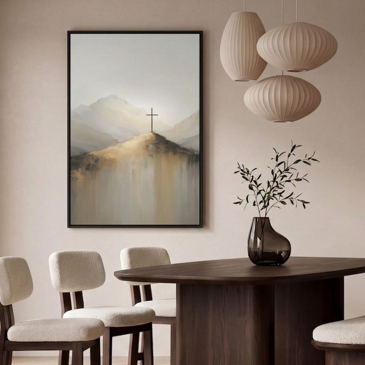 LEINWAND Bilder mit Rahmen - Hügel - Abstrakt - Kreuz - Christentum - 90x140 - Beige, Textil (90/140cm) - MuchoWow