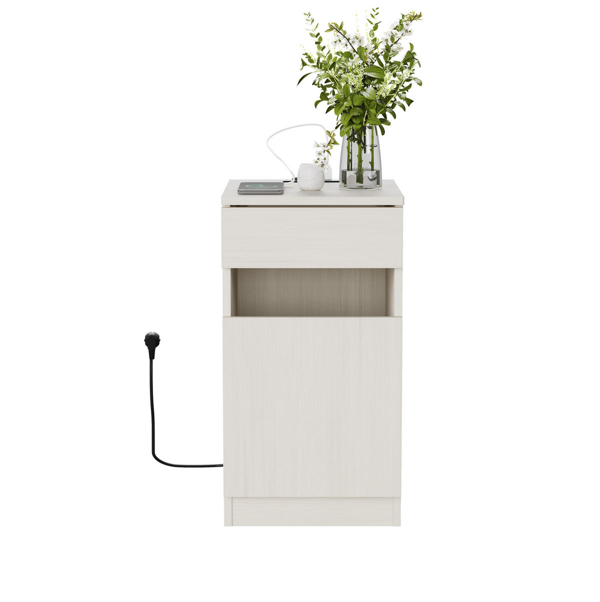 NACHTTISCH aus MDF 40x33x61,5 cm Weiß mit USB, USB-C, Steckdose, Schublade und Mülleimer - Weiß, Holzwerkstoff (33/61.5/40cm) - Modfu