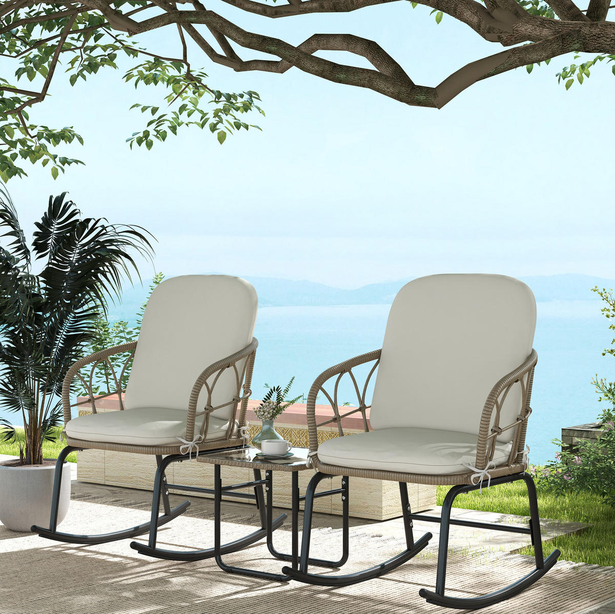 GARTENMÖBEL-SET 82/63/75 cm mit Schaukelstühlen, Tisch und PE-Rattan, Gelb - Beige, Metall - Redom
