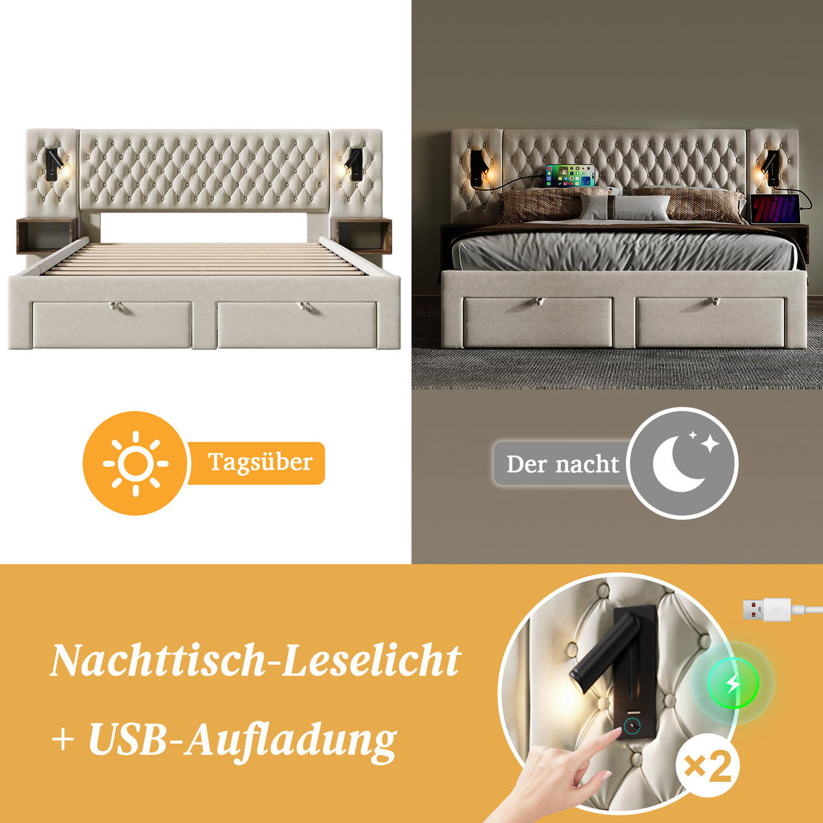 POLSTERBETT 180/200 cm Beige mit Stauraum und Leselampen aus Samt - Beige, Textil (180/200cm) - OKWISH