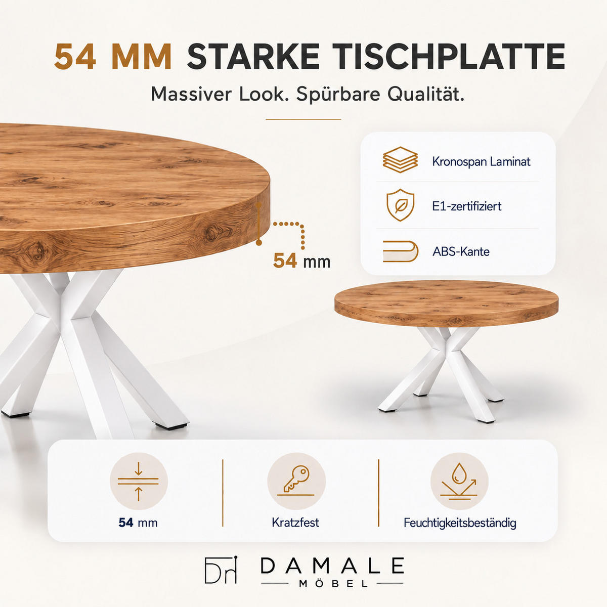 ESSTISCH rund ausziehbar 100/200/76 cm, Eiche Craft, 54 cm Tischplatte + Metall weiß - Honigeiche, Holzwerkstoff/Metall (100/200/76cm) - Damale Möbel