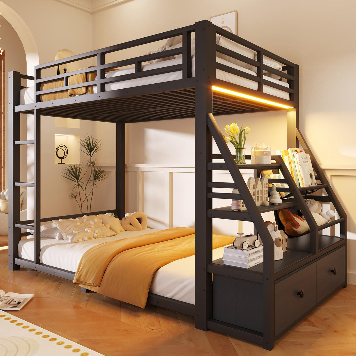 ETAGENBETT 90x200cm mit LED-Beleuchtung, mit 2 Stoffschubladen, Schwarz - Schwarz, Metall (90/200cm) - KOMHTOM