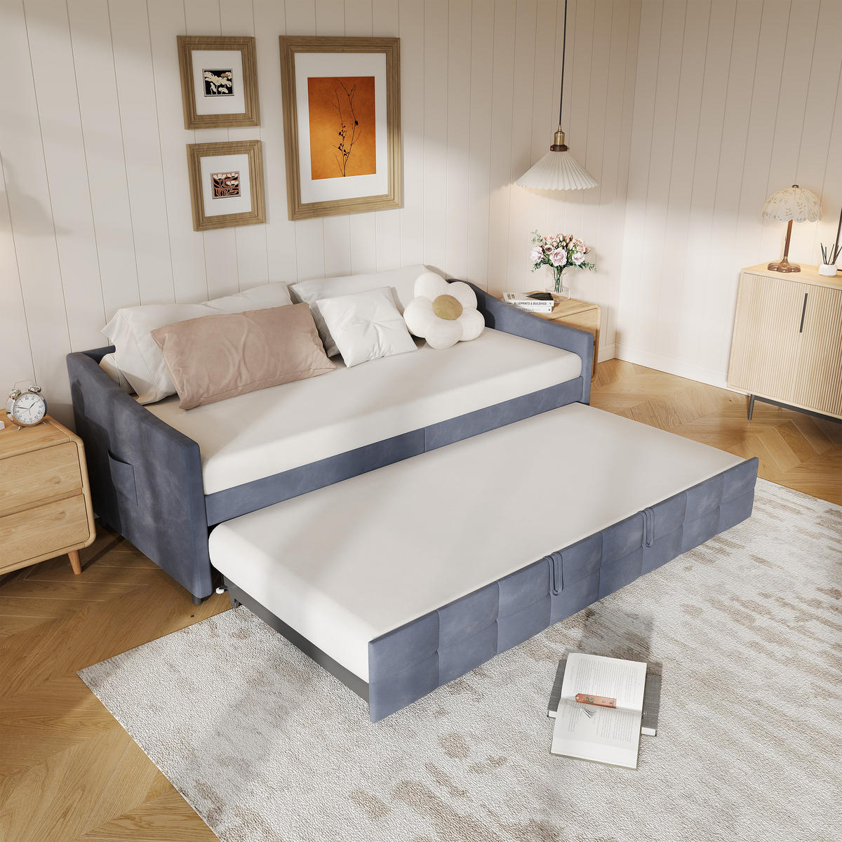 POLSTERBETT 90/200 cm Grau mit Ausziehbett - Grau, Metall (90/200cm) - EuroLiving