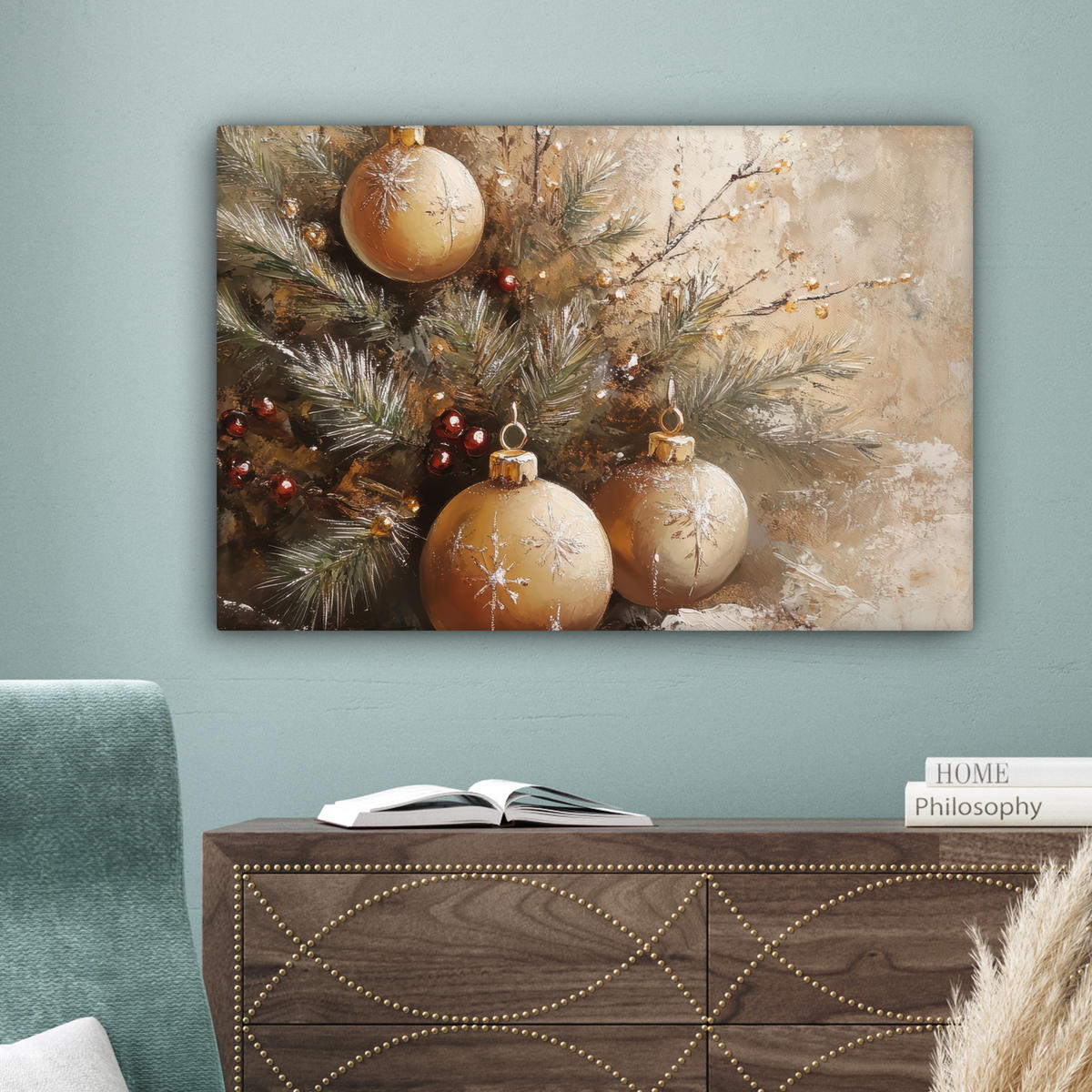 LEINWANDBILD Weihnachten - Kugeln - Beige - Gold Wanddeko 90x60 cm - Goldfarben, Textil (90/60cm) - MuchoWow