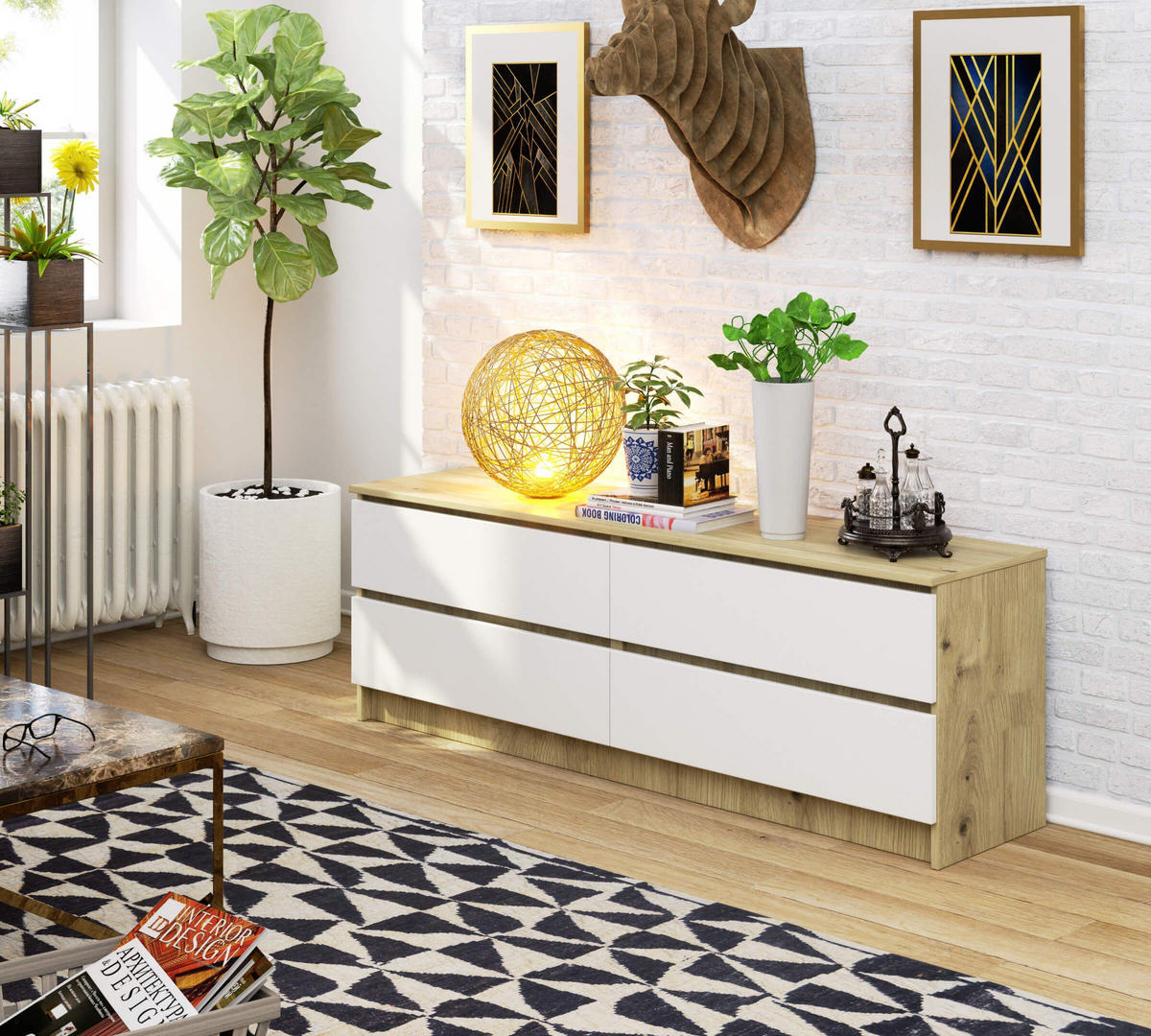 KOMMODE K160 4 Schubladen, Artisan-Weiß, 160x40x54 cm - Eiche Artisan/Weiß, Holz (160/54/40cm) - Milordbikes