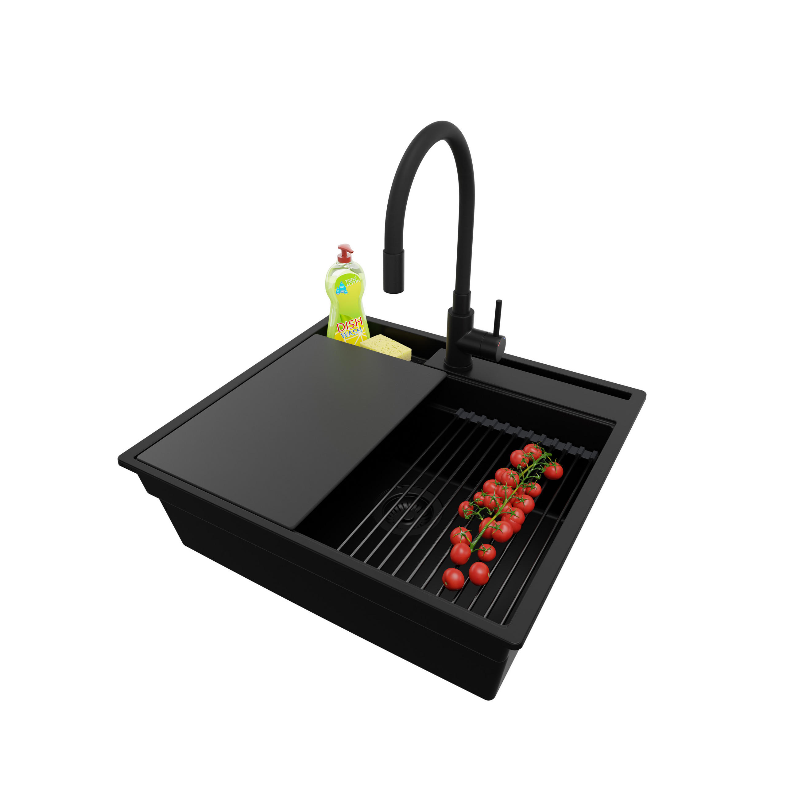 GRANITSPÜLE Oslo Pocket, 2-er set Alles Schwarz 58/53 cm 1 Becken + Küchenarmatur 40/38 cm + Ablauf-Set + Küchenzubehörset ab 60er Unterschrank - Schwarz, Kunststoff (58/20/53cm) - Primagran