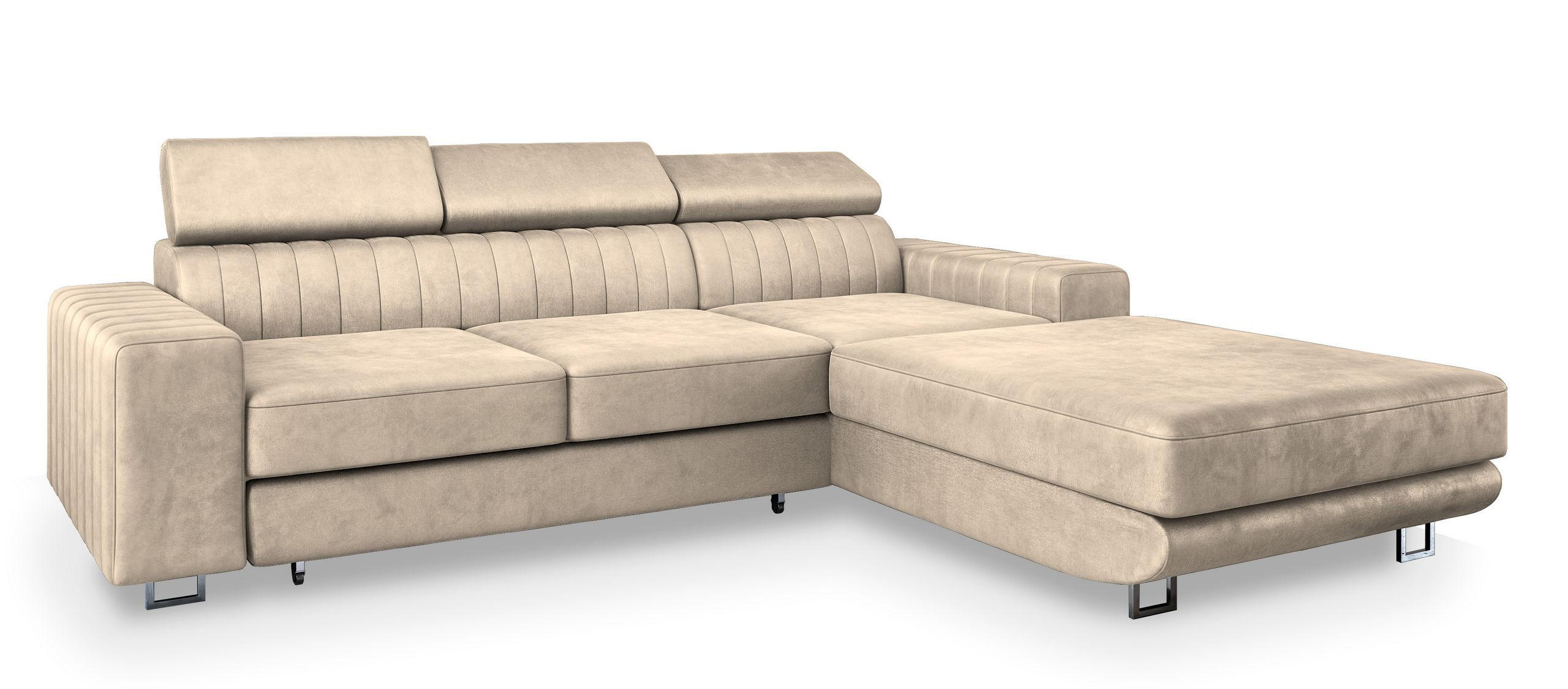 ECKSOFA NOTO R-S Creme Velours-Stoff mit Schlaffunktion - Creme, Holz (267/190cm) - MASSENO