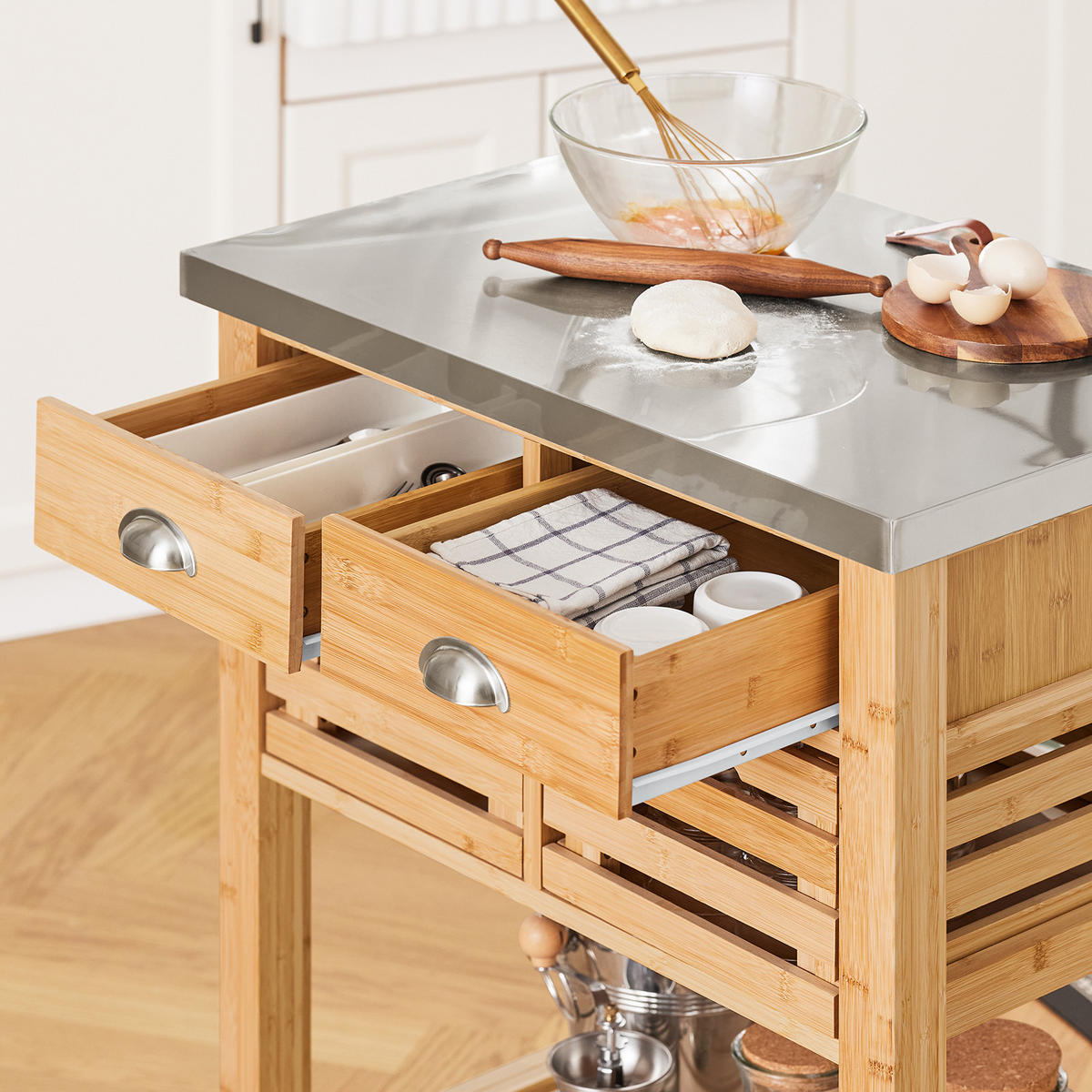 KÜCHENWAGEN Bambus Edelstahl - Naturfarben, Holzwerkstoff (73/93/46cm) - SoBuy