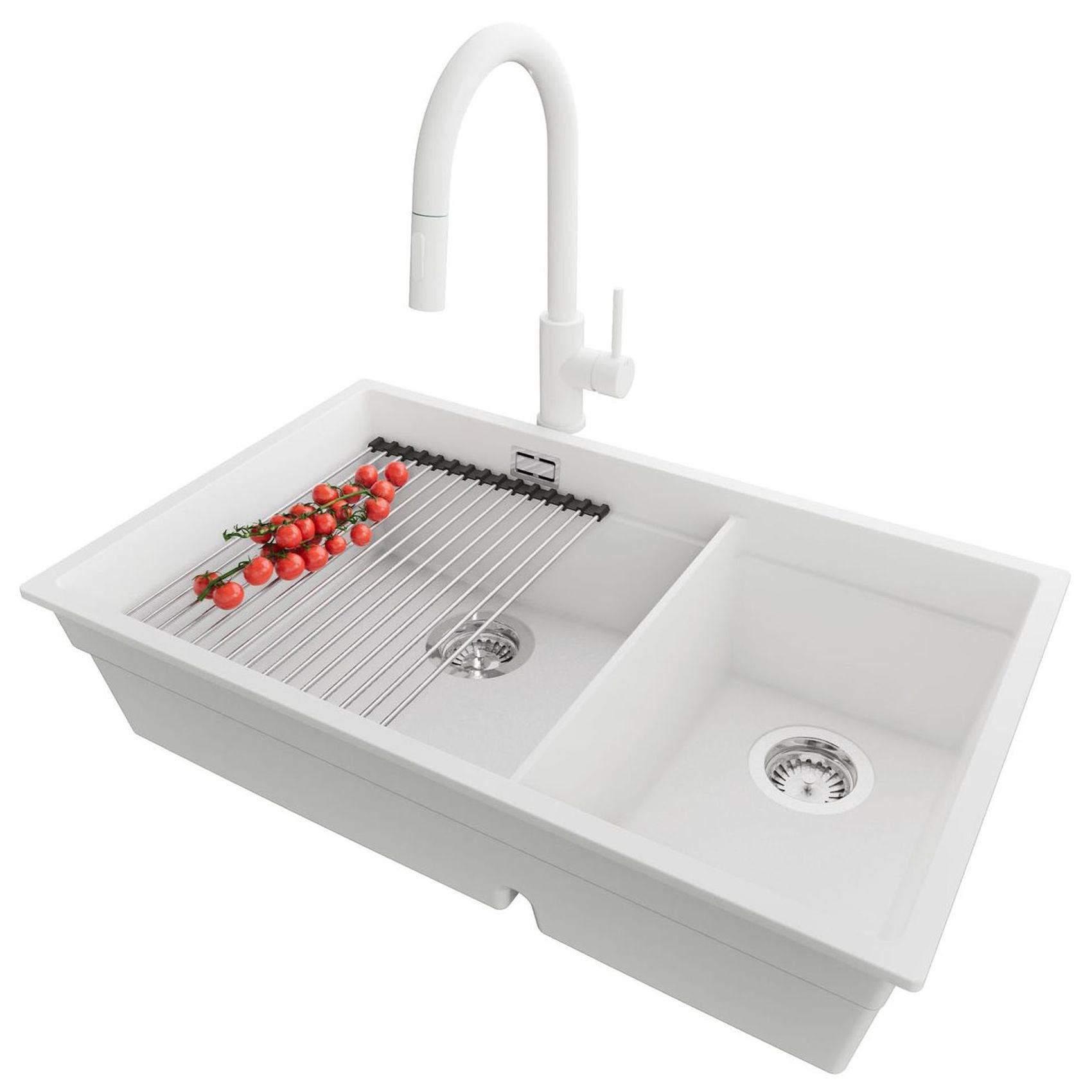 GRANITSPÜLE Praga Slim Duo, 2-er set Weiß 76/47 cm 2 Becken + Küchenarmatur 40/20 cm + Ablauf-Set + Aufrollbare Abtropffläche ab 80er Unterschrank - Chromfarben/Weiß, Kunststoff (76/20/47cm) - Primagran