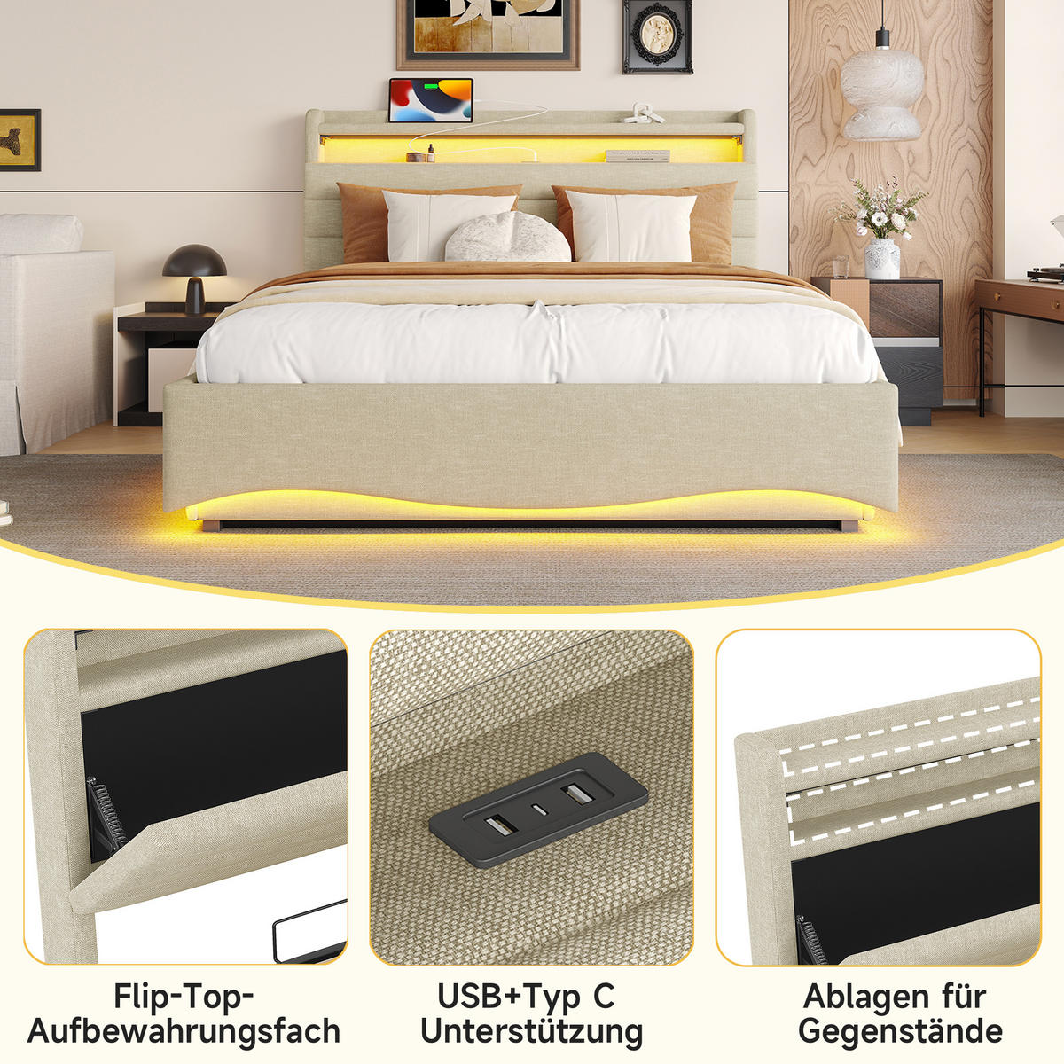 POLSTERBETT 140x200cm Beige LED Hydraulik USB Leinen - Beige, Holz (140/200cm) - FLIEKS