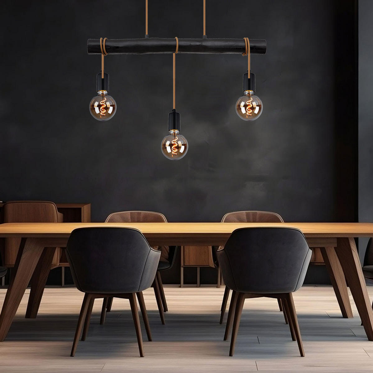 HÄNGELEUCHTE Holz Schwarz 3-flammig höhenverstellbar - Schwarz, Holz/Metall (60/5/120cm) - Globo Lighting