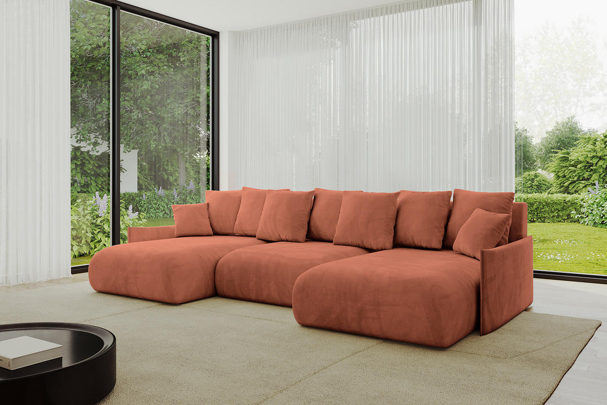 WOHNLANDSCHAFT mit Schlaffunktion und Bettkasten ONESK-U-v1 304x165x40 Apricot Velours - Koralle, Holzwerkstoff/Kunststoff (304/90/165cm) - ALTDECOR