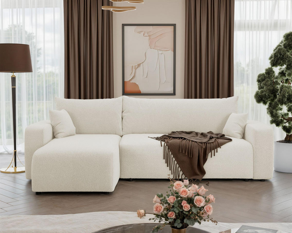 ECKSOFA Pianoni Creme Bouclé-Bezug - Creme/Schwarz, Kunststoff/Textil (244/140cm) - Selsey