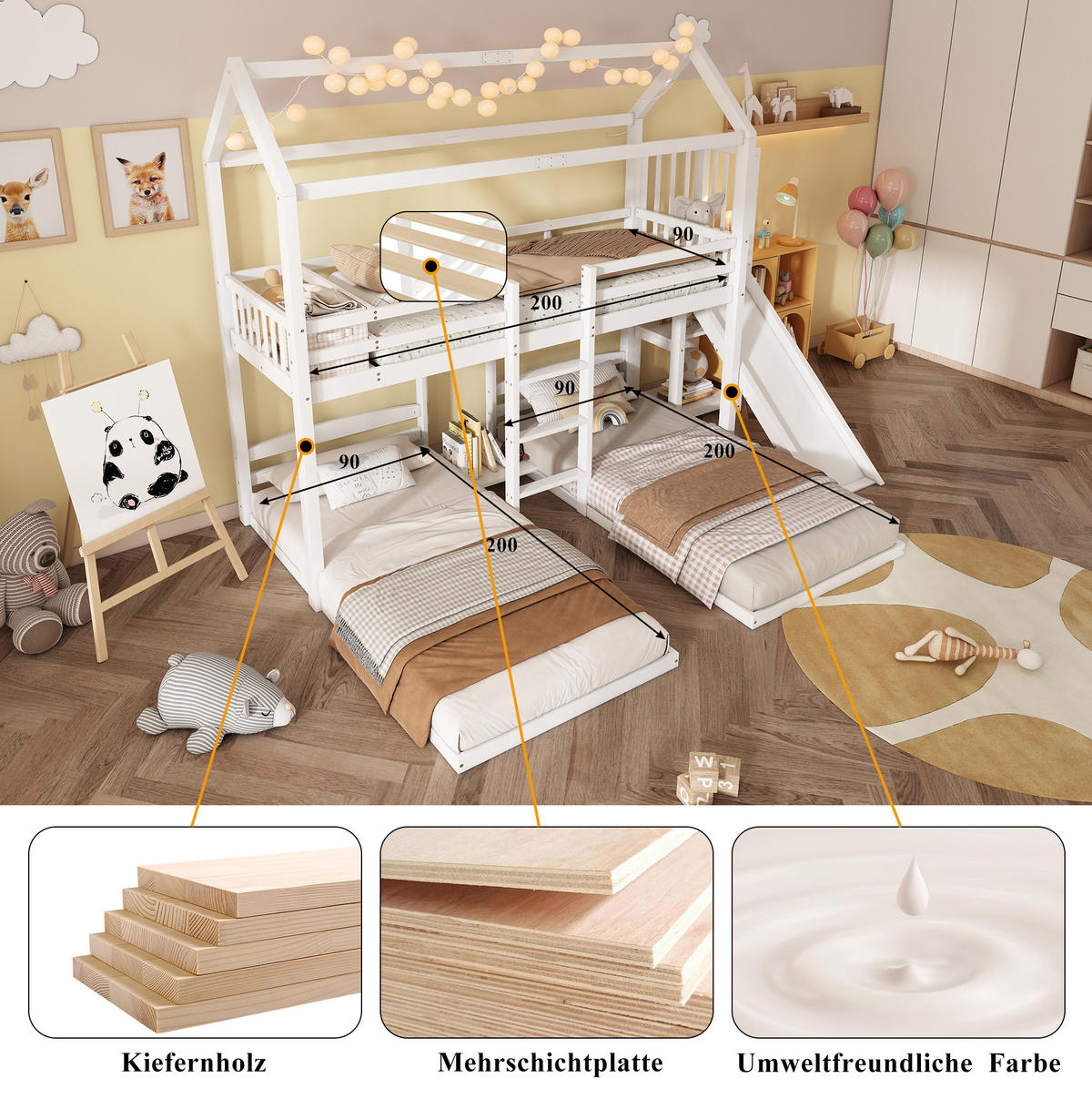 POSCHODOVÁ posteľ 90/200 cm biela s tromi lôžkami, šmykľavkou a úložným priestorom z borovice a MDF - biela, drevo (90/200cm) - OKWISH