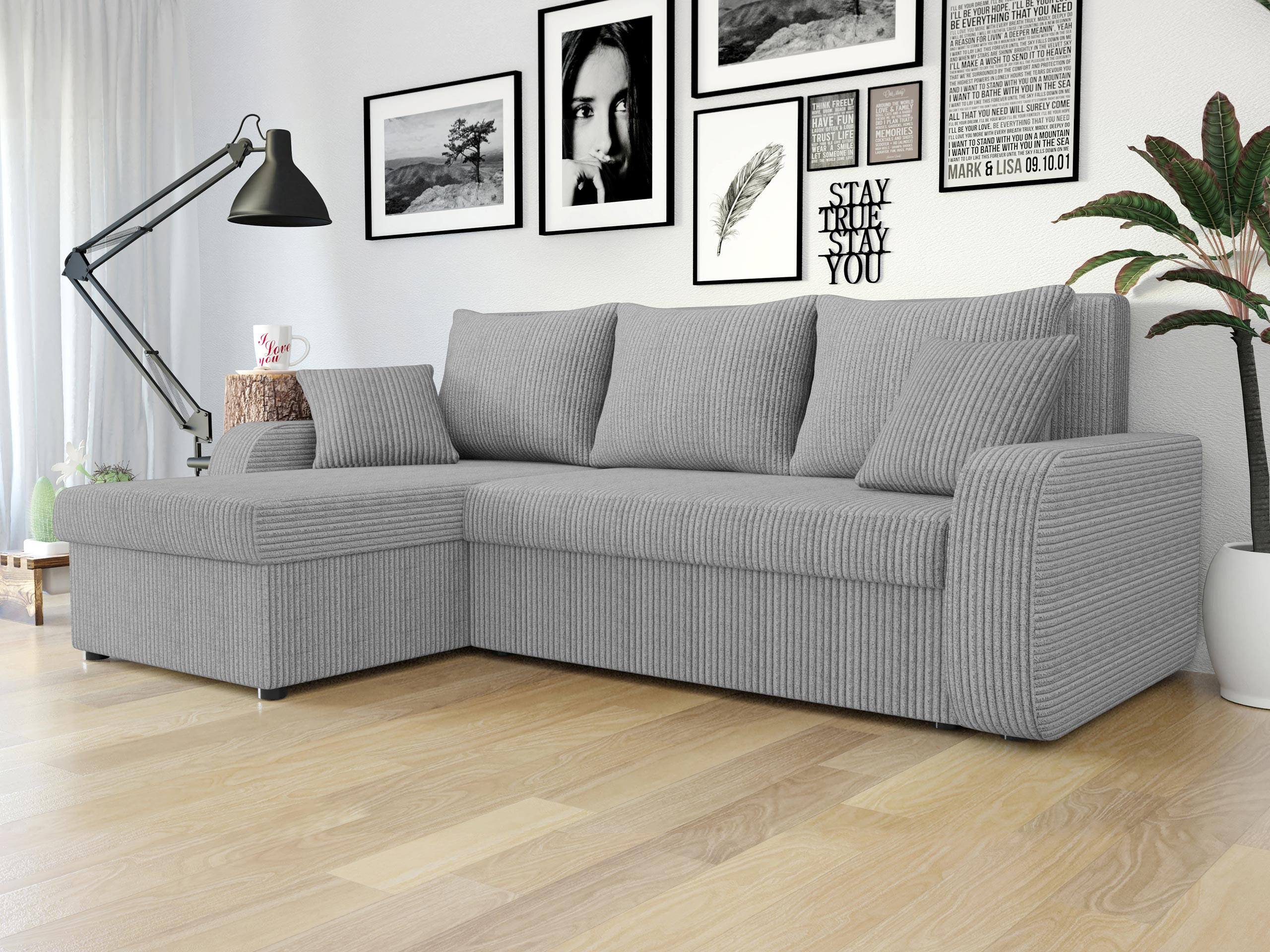 ECKSOFA Kris Cord - Hellgrau/Schwarz, Holz/Kunststoff (238/147cm) - MIRJAN24