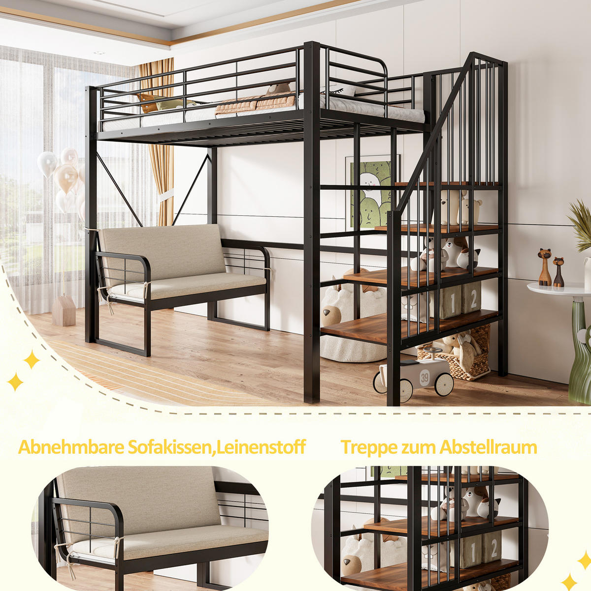 ETAGENBETT 90/200 cm, Schwarz mit Stauraumleiter und Polstersofa - Schwarz, Metall (90/200cm) - MIVRAY