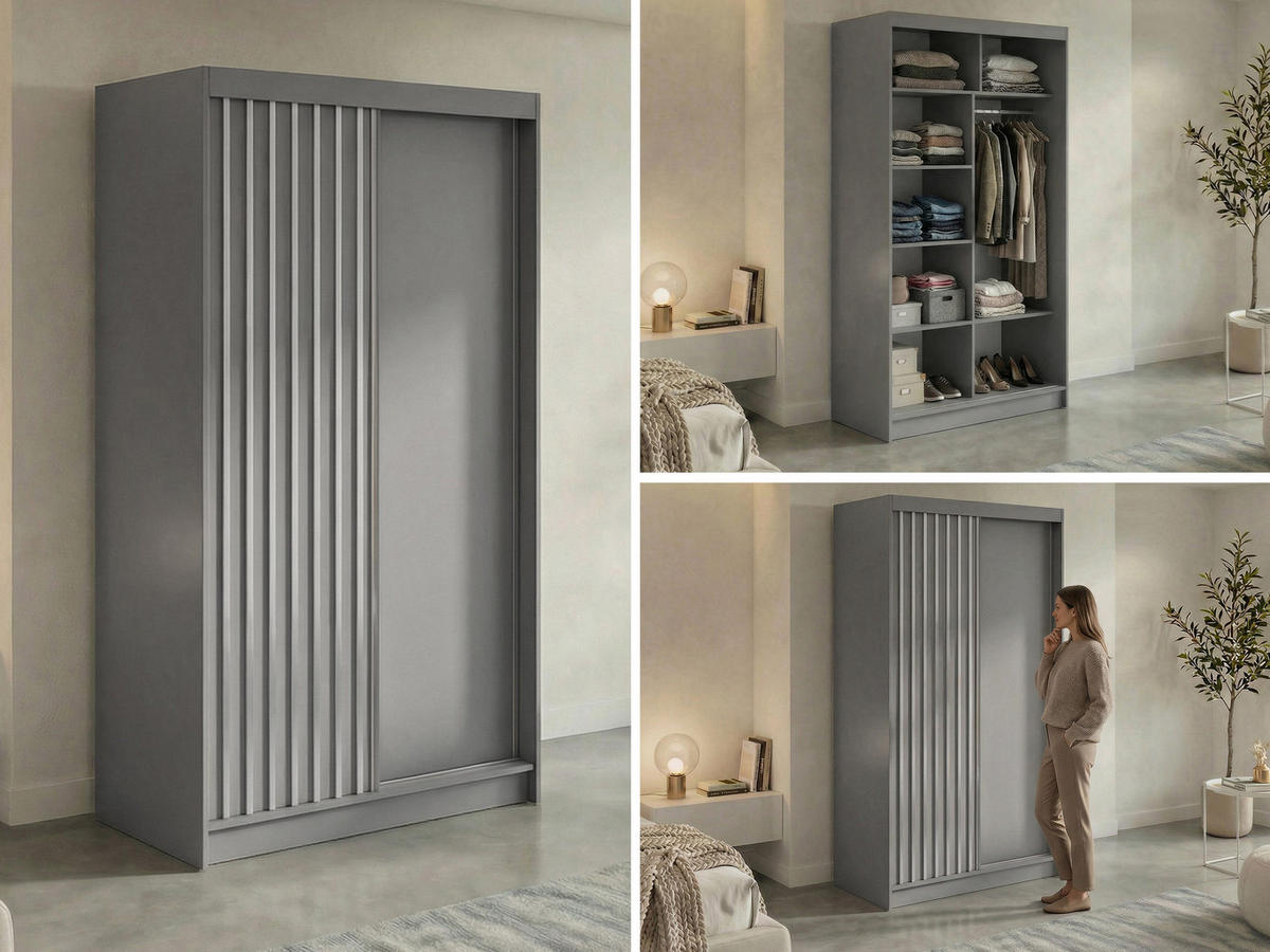 SCHWEBETÜRENSCHRANK mit Lamellen LUMOS - 120 - Grau und Weiß - Alufarben/Weiß, Holzwerkstoff/Metall (120/216/61cm) - MKS