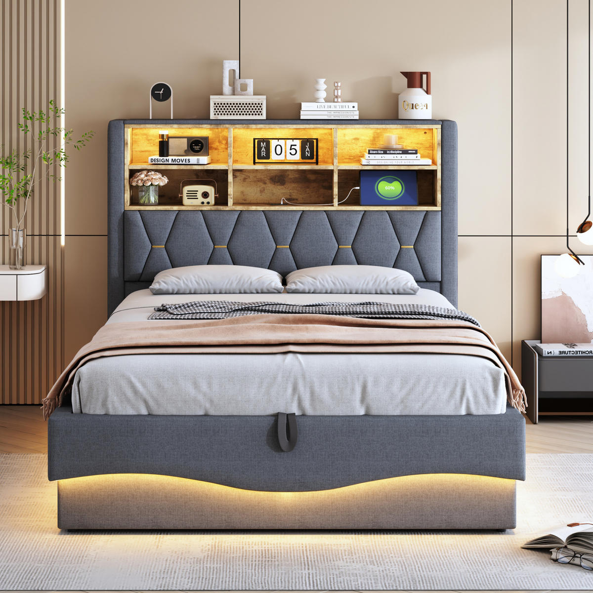 POLSTERBETT 140/200 cm Grau aus Leinen mit LED-Beleuchtung und Stauraum - Grau, Metall (140/200cm) - OKMYHOME
