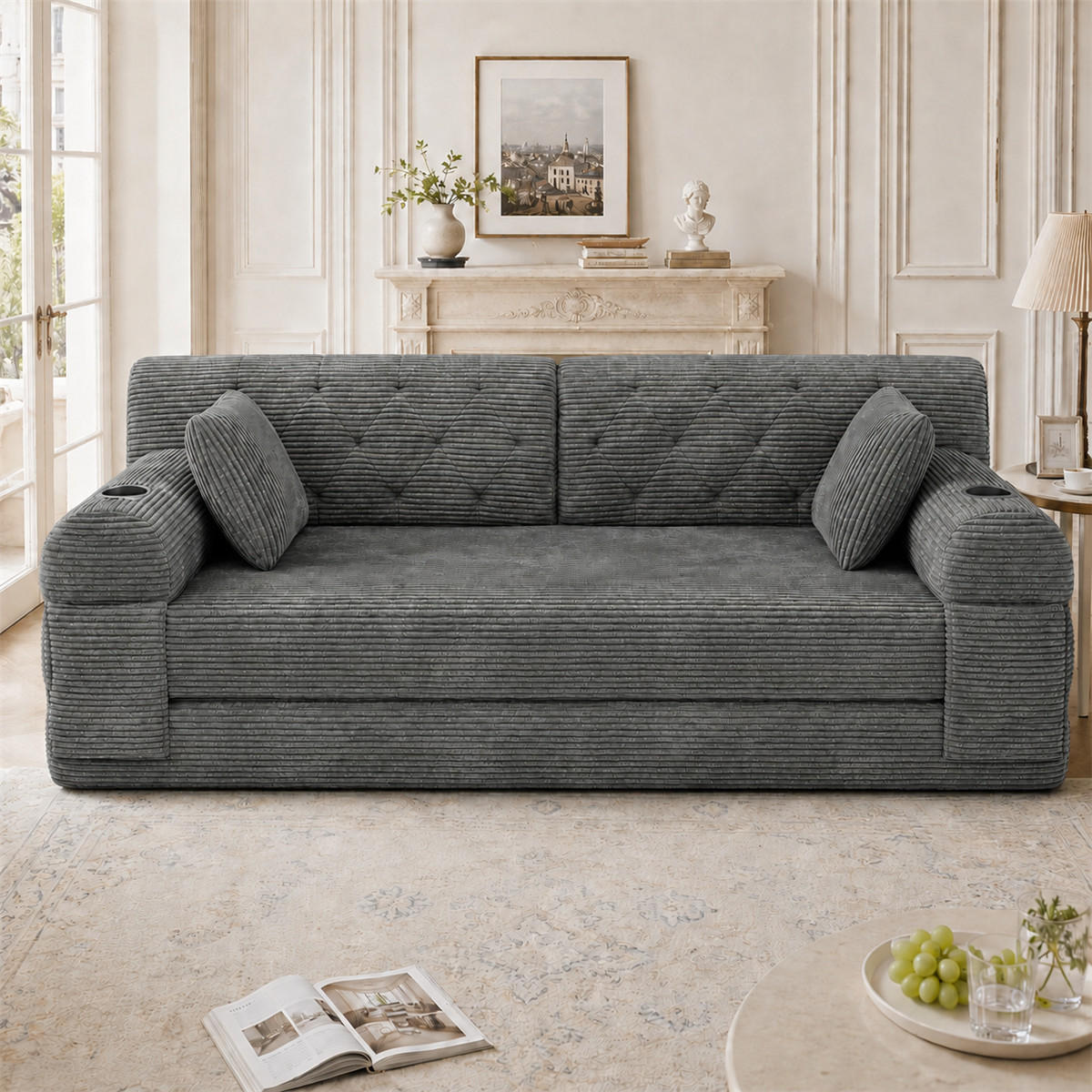SCHLAFSOFA 2-Sitzer Cord Schlafcouch mit Stauraumtaschen, Grau - Grau, Textil (168/81/80cm) - Kaket