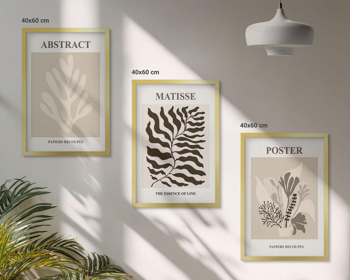 BILDER SET 3er Set - 40x60 cm Goldrahmen - Beige-braune Pflanzenmuster - Goldfarben, Kunststoff (40/60cm) - TULUP