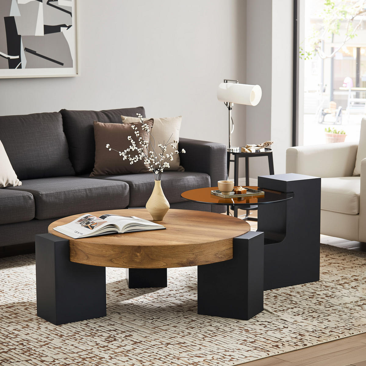 COUCHTISCH set glas holzoptik zerlegbar flexibel - Eichefarben, Holzwerkstoff (61/61/44cm) - Urban Meuble