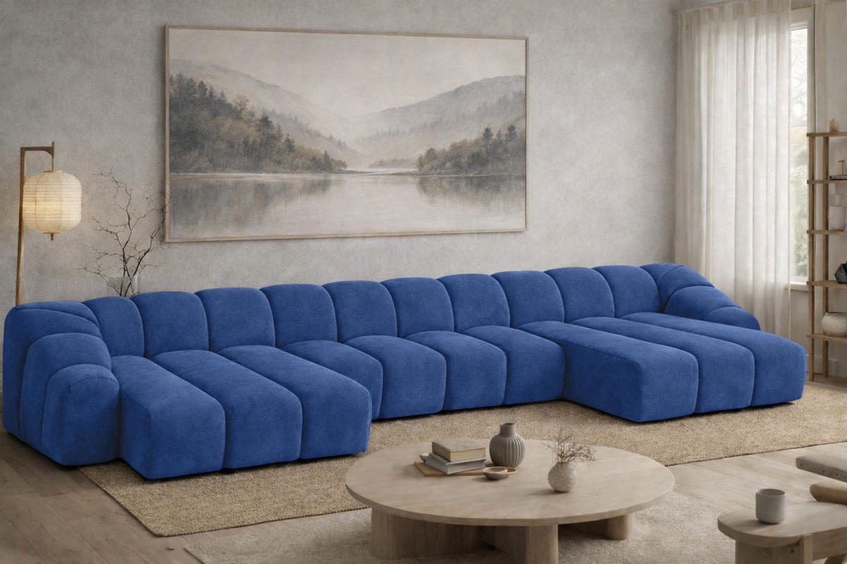 ECKSOFA Modulare U-Form, Veloursstoff Bluvel, Tintenblau, CROISSANT U XL - Blau, Holz (448/72/190cm) - Kaiser Möbel