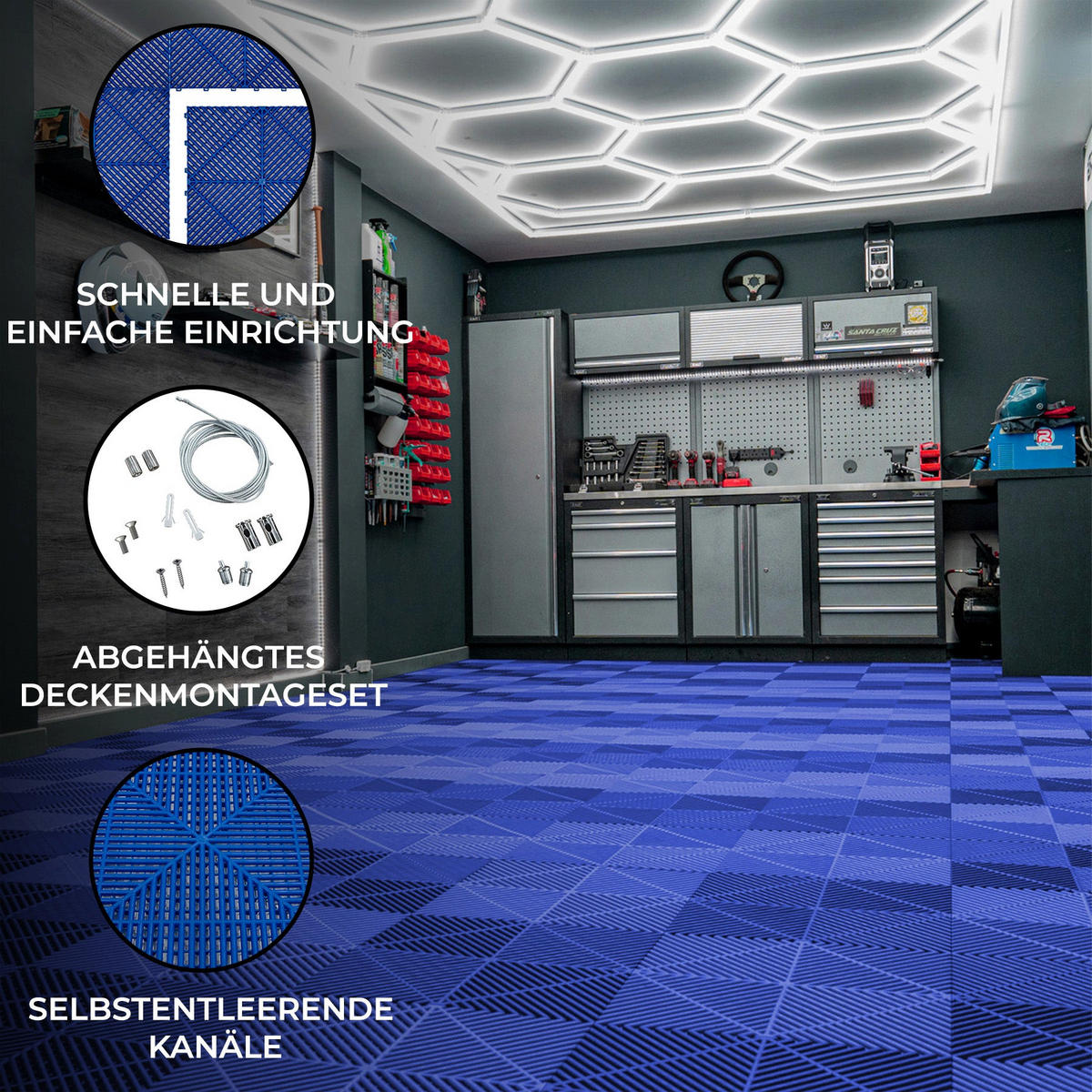GARAGENBODENFLIESEN Belüftete und sechseckige LED-Leuchten x 120 mit Kanten – Blau - Blau, Kunststoff (40/1.8/40cm)