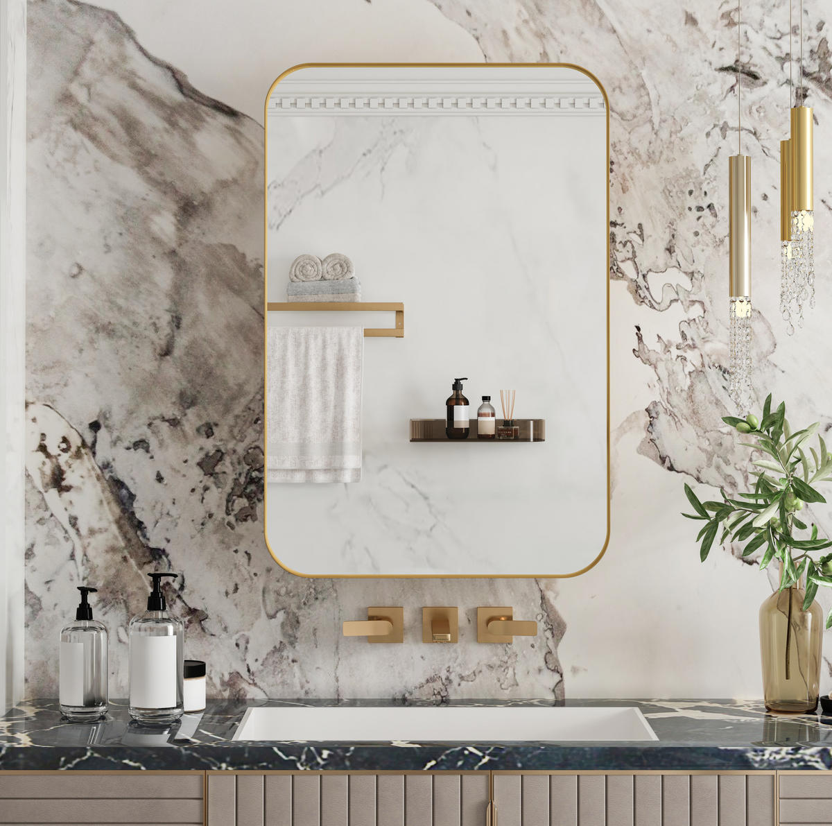 SPIEGELSCHRANK 76x51x12cm Gold mit Aufbewahrung - Wandspiegel für Badezimmer - Goldfarben, Glas (76/12/51cm) - Modfu