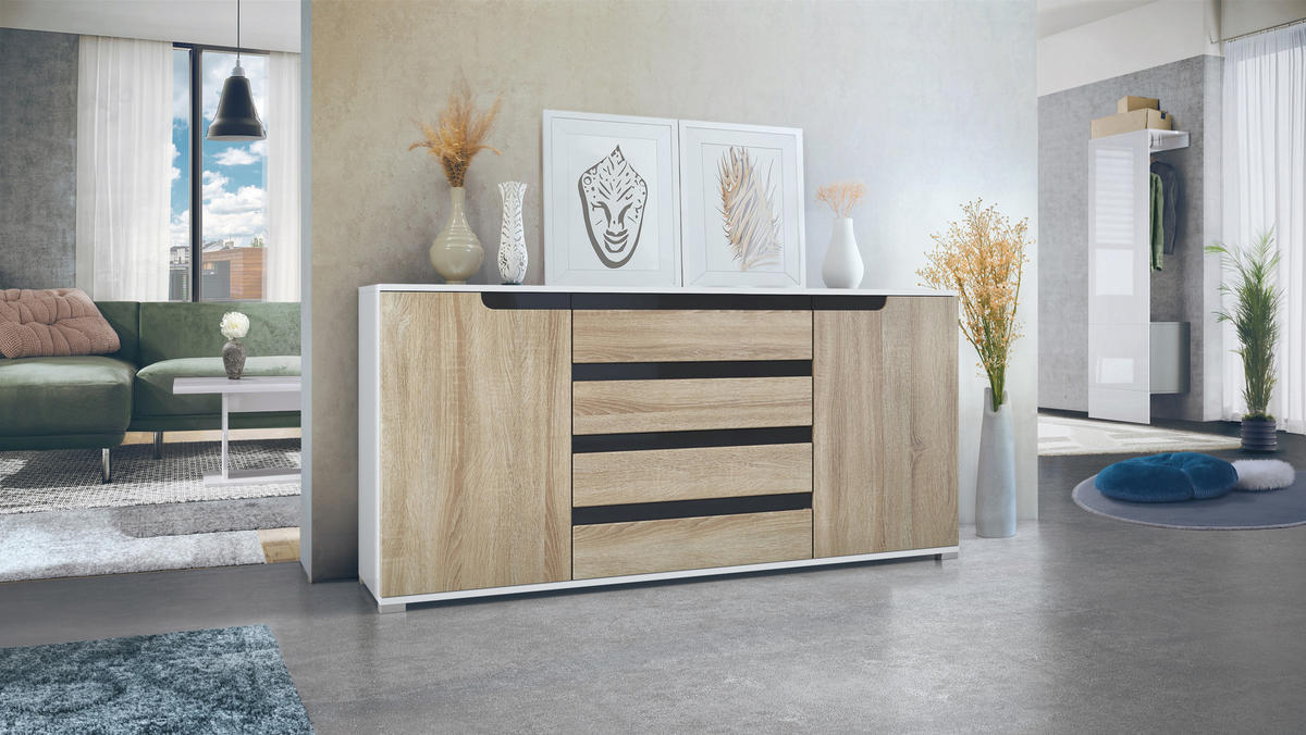 SIDEBOARD Sylt Eiche sägerau / Schwarz Hochglanz - Eiche San Remo, Holzwerkstoff (166.5/75.5/35cm) - Vladon