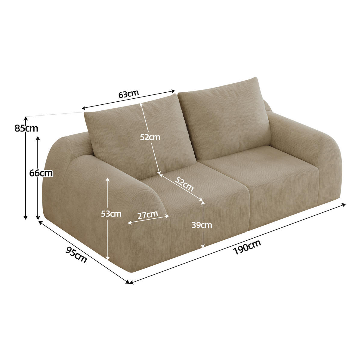 SOFA s 2 sjedala u kaki boji od šenila s kompresijskim punjenjem - sivo-bež, tekstil (190/85/95cm) - CHICFURN