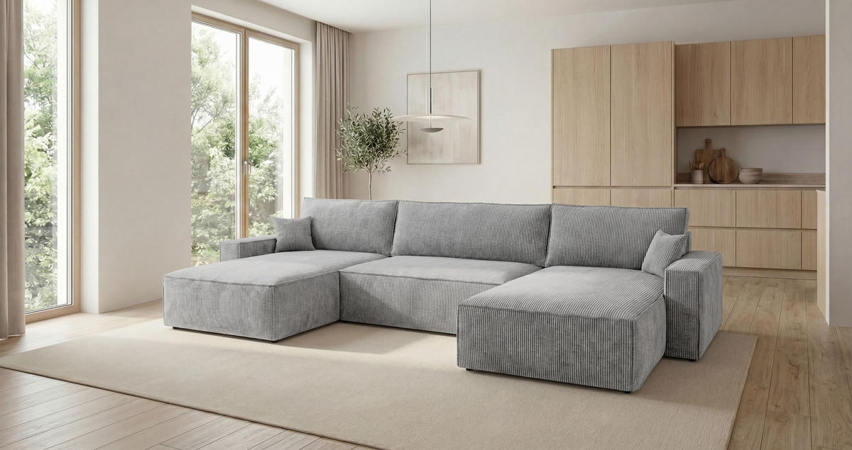 SEDACÍ souprava VIENNA tvar U šedá manšestr Poso 55 - funkce spaní, úložný prostor - šedá, textil (385/86/185cm) - Cornero