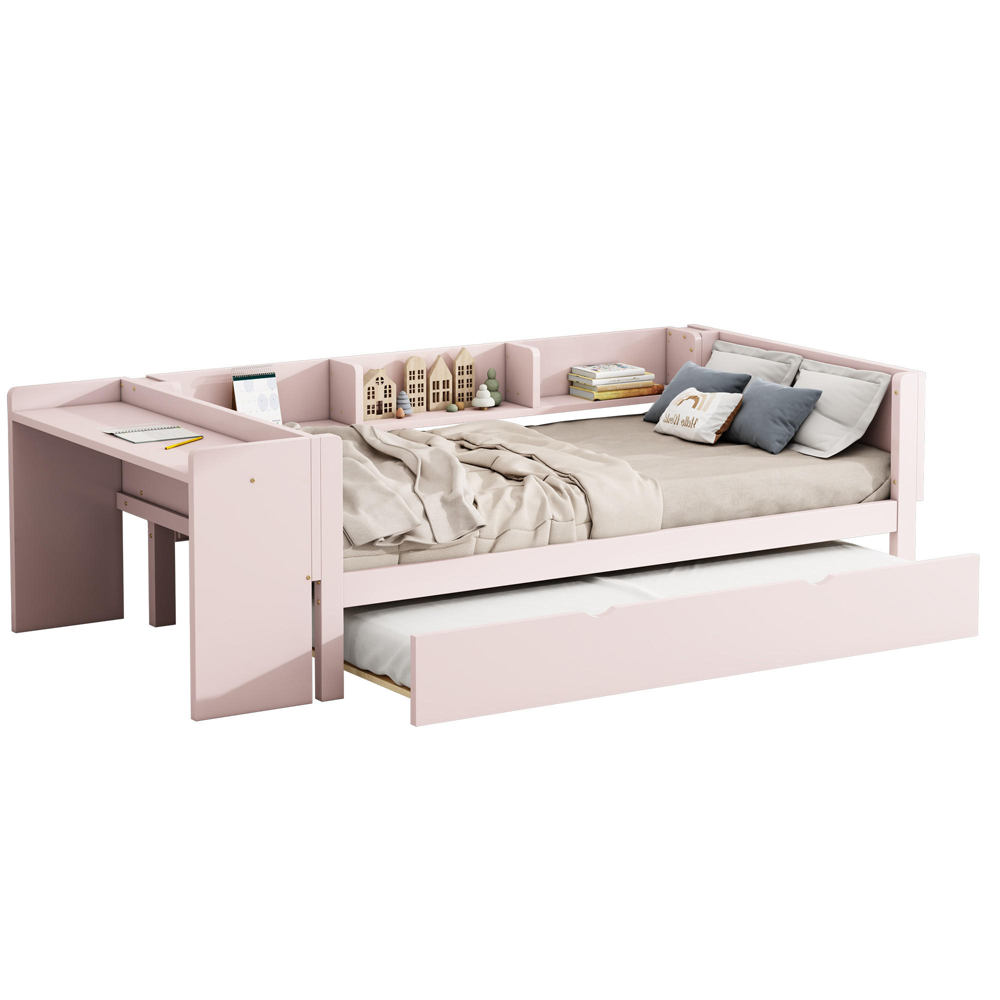FLACHBETT 90x200cm Rosa mit Ausziehbett Schreibtisch 3 Regale - Pink, Holz (90/200cm) - FLIEKS