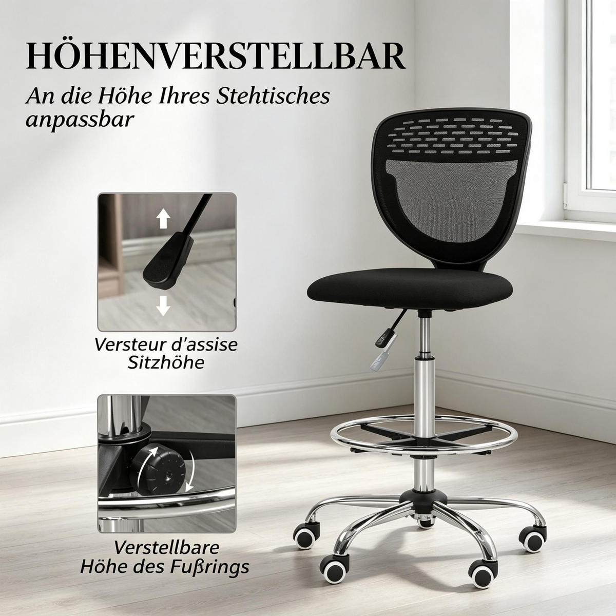 DREHSTUHL Ergonomischer höhenverstellbar mit Fußstütze - Schwarz, Leder (59/126/59cm) - Gisaae