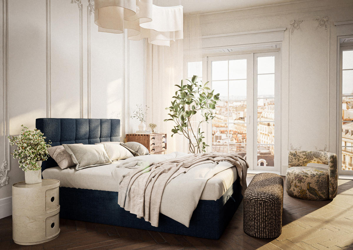 BOXBETT 140/200 cm Gotu M, in Marineblau, Matratze, gepolstertes Kopfteil, Bettkasten, H3 = fest - Schwarz/Dunkelblau, Holz/Holzwerkstoff (140/200cm) - Maison de Reve