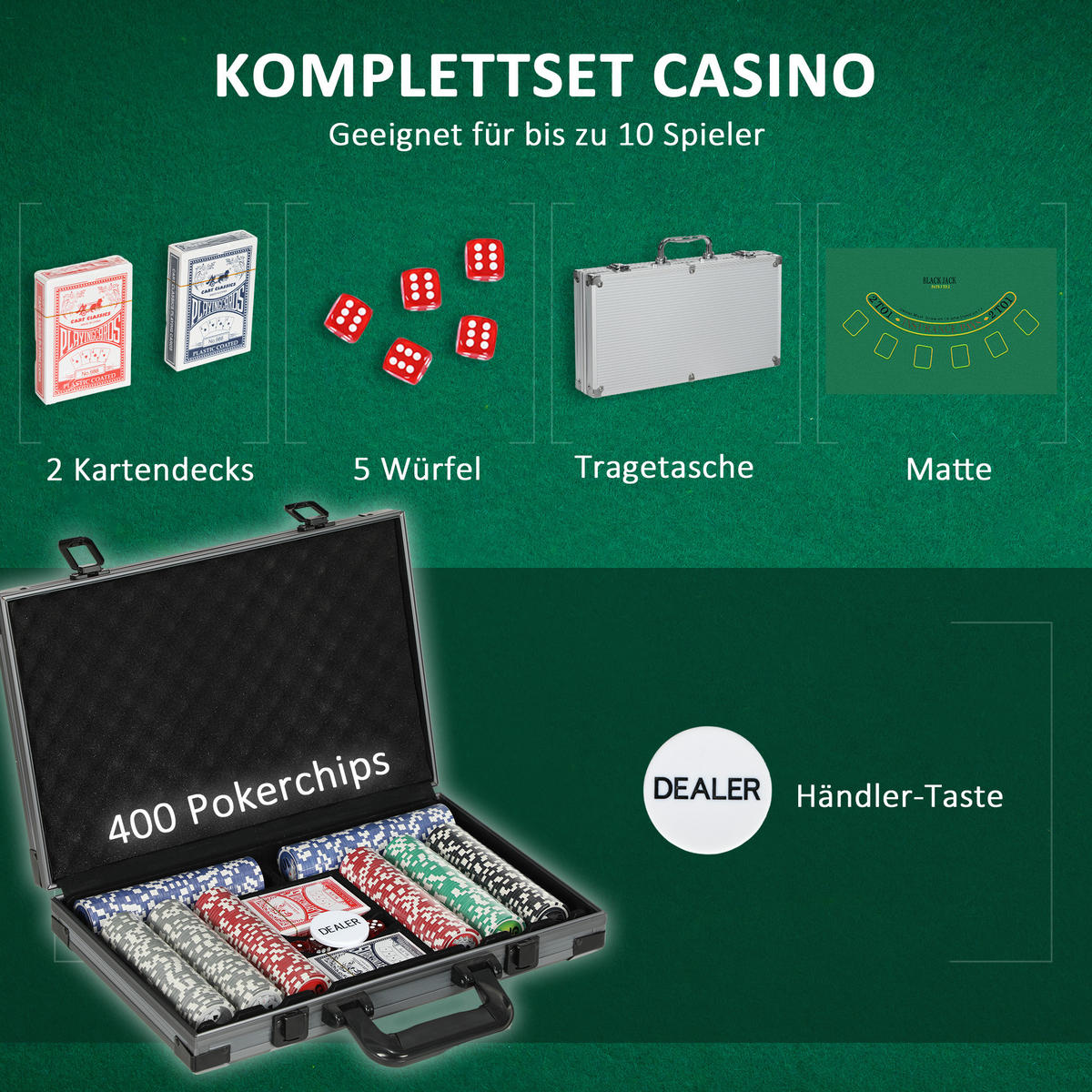POKERSET DE-10641 400 Chips mit Koffer & Unterlage für 10 Spieler - Grau, Kunststoff (28/39.5cm) - ComfortXL
