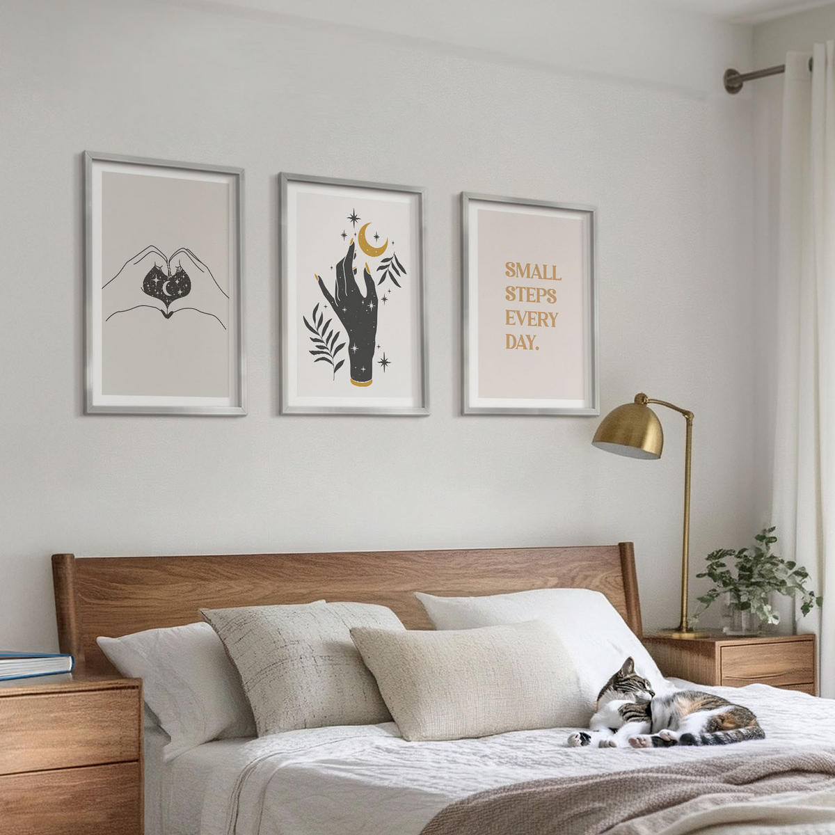 BILDER SET 3er Set - 40x60 cm Silberner Rahmen - Minimalistische Boho-Illustrationen - Silberfarben, Kunststoff (40/60cm) - TULUP