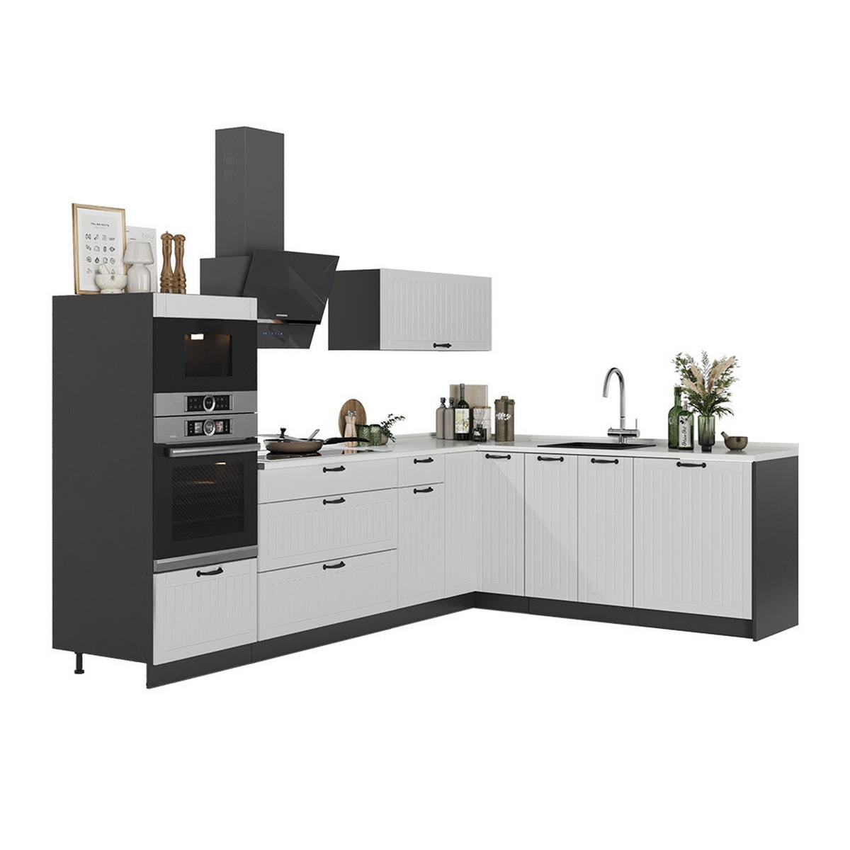 KUHINJA U OBLIKU SLOVA L Fame-Line, Bijela Seoska/Antracit, 287 x 207 cm, RP Hrast - bijela/antracit, drvni materijal (287/153.6/60cm) - Vicco