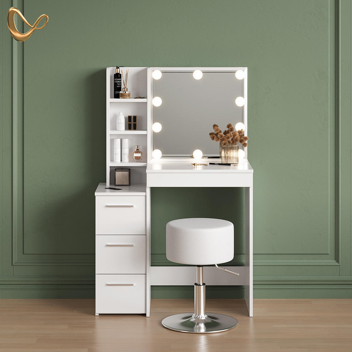 SCHMINKTISCH Ivera Weiß mit LED Beleuchtung und Hocker - Weiß, Holzwerkstoff (79.9/127.4/40cm) - Livinity®