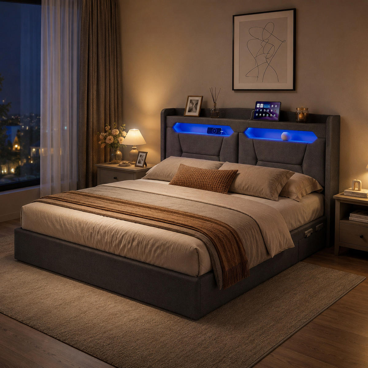 POLSTERBETT 140/200 cm mit Stauraum & LED‑Beleuchtung, gepolstertes Kopfteil mit USB‑Ladestation, graues Stoffbett mit Bettkasten für Schlafzimmer - Anthrazit, Holz/Metall (140/200cm) - Joyfair