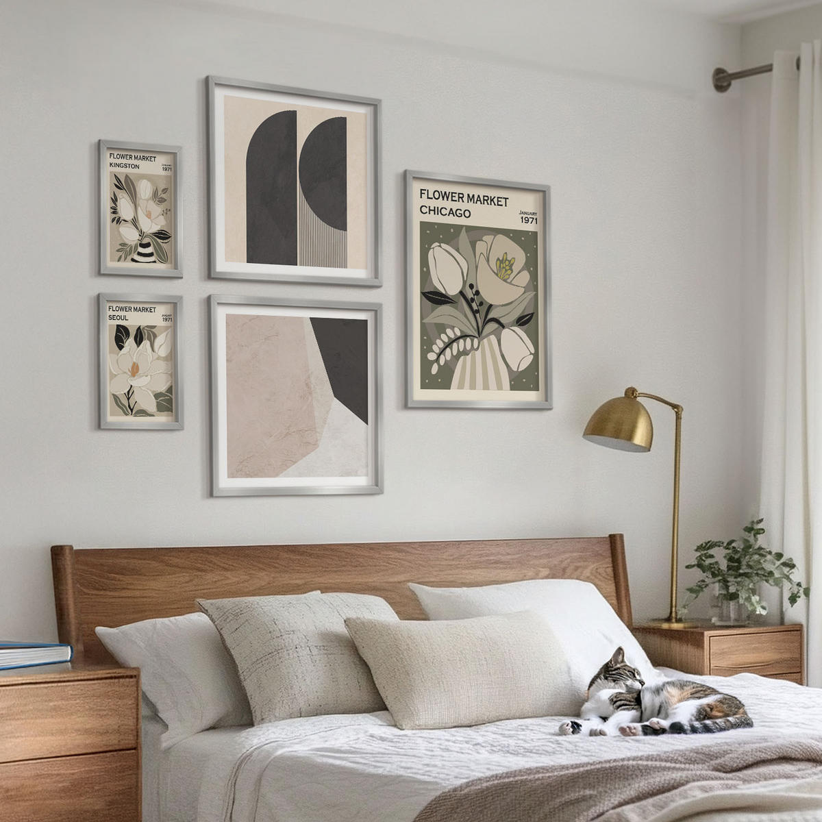 BILDER SET 5er Set - 50x50 cm & 20x30 cm & 40x60 cm Silberner Rahmen - Kingston Seoul Retro-Blumen - Silberfarben, Kunststoff (40/60cm) - TULUP