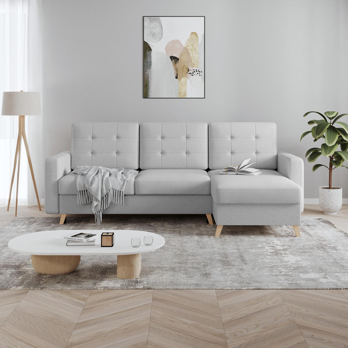 ECKSCHLAFSOFA Vinci mit universelle Ottomane, Hellgrau - Buchefarben/Hellgrau, Textil (236/151cm) - Beautysofa