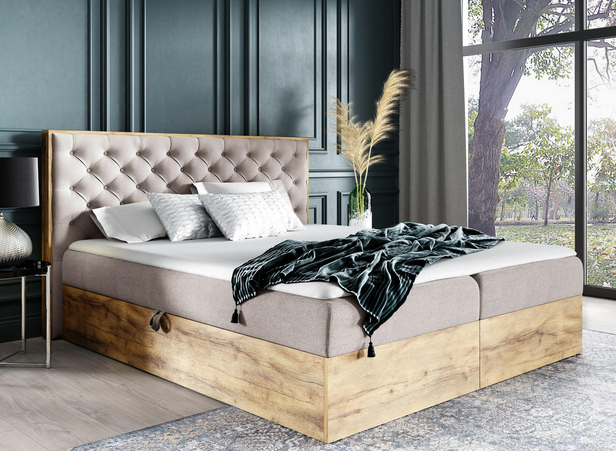 BOXBETT Clavio 160/200 cm in Beige – mit Bettkasten und Topper - Beige/Schwarz, Holz/Holzwerkstoff (160/200cm) - AX Living