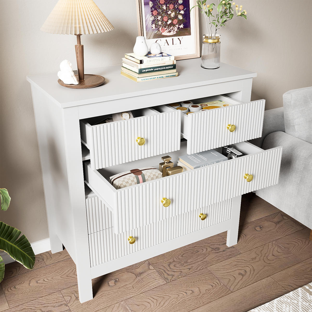 SIDEBOARD Goldgriffe multifunktional - Weiß, Holzwerkstoff (79/80.5/39.5cm) - Fortuna Lai