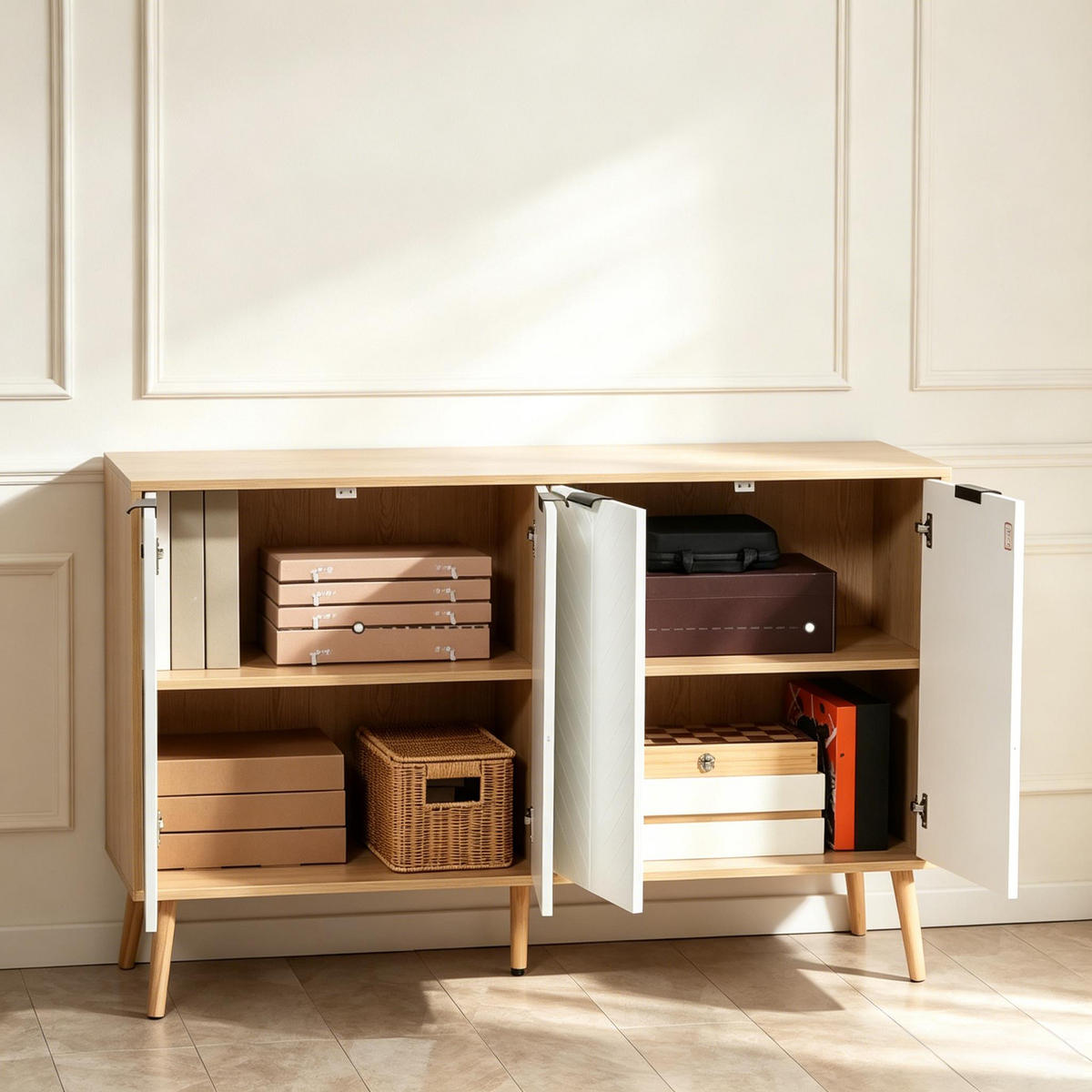 SIDEBOARD DE-38086 120/35/77,4 cm mit 2 zweistufigen Schränken Weiß - Weiß, Holzwerkstoff (120/77.4/35cm) - ComfortXL