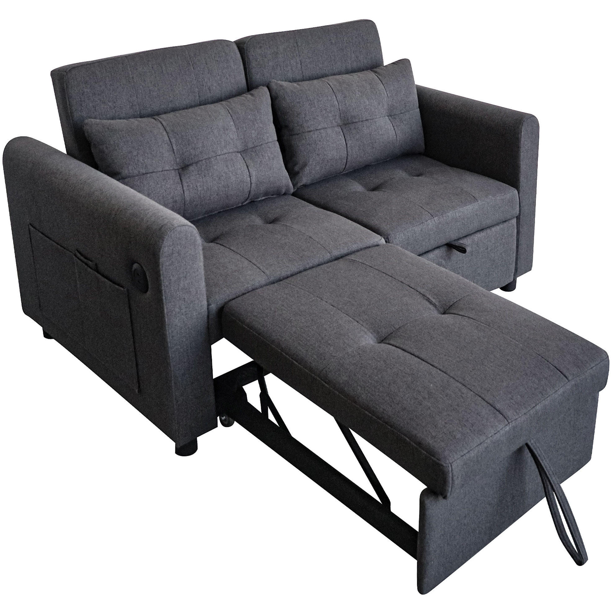 SCHLAFSOFA aus Baumwoll-Leinen 142x85x83 cm Grau mit USB-Anschlüssen, Seitentaschen und verstellbarer Rückenlehne - Grau, Textil (142/83/85cm) - Modfu