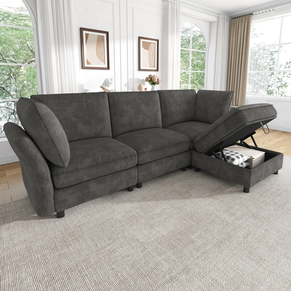 ECKSOFA 225/137/84 cm Grau mit Stauraum‑Hocker - Grau, Textil (225/137cm) - Oxeza