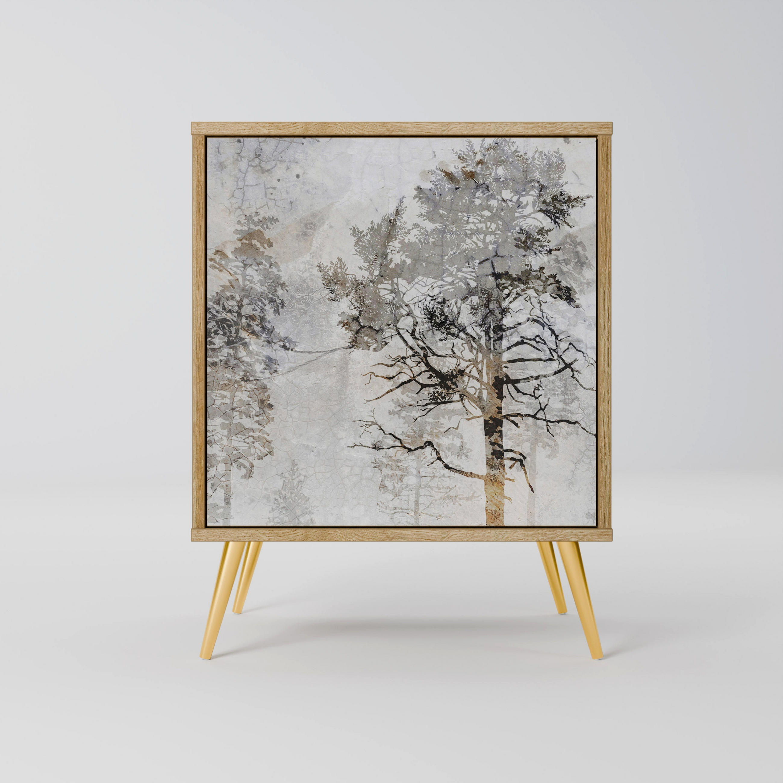 SIDEBOARD FADE IN THE TREES, Eichefarben, 57,5x42x75,5 cm, Goldfarbene Metallfüße - Eichefarben/Goldfarben, Holzwerkstoff/Metall (57.5/75.5/42cm) - SpaceRebels