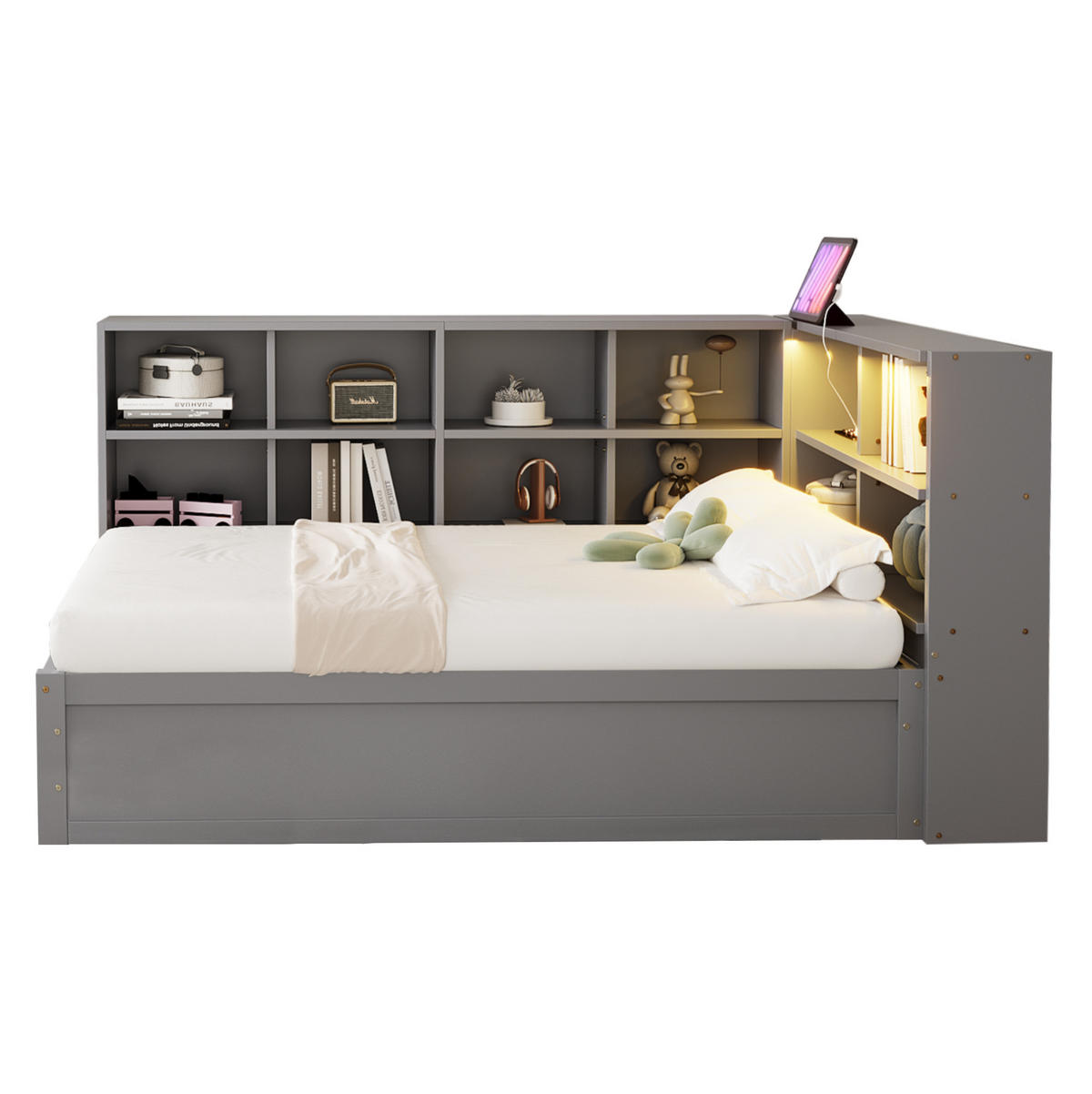 BETT mit Kopfteil 90/200 cm aus Massivholz mit Stauraum und LED-Leiste - Grau, Holz (90/200cm) - BEAOK