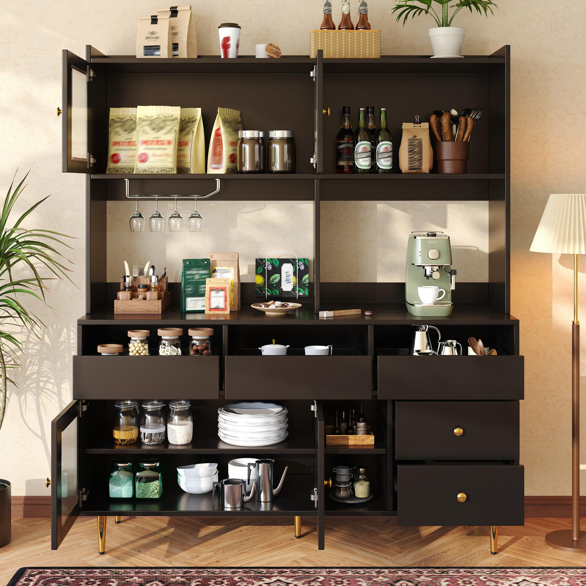 KÜCHENBUFFET mit Glaselementen und Weinaufbewahrung, 145 x 39 x 171 cm, Schwarz, MDF - Schwarz, Holzwerkstoff (145/171/39cm) - SONNENH